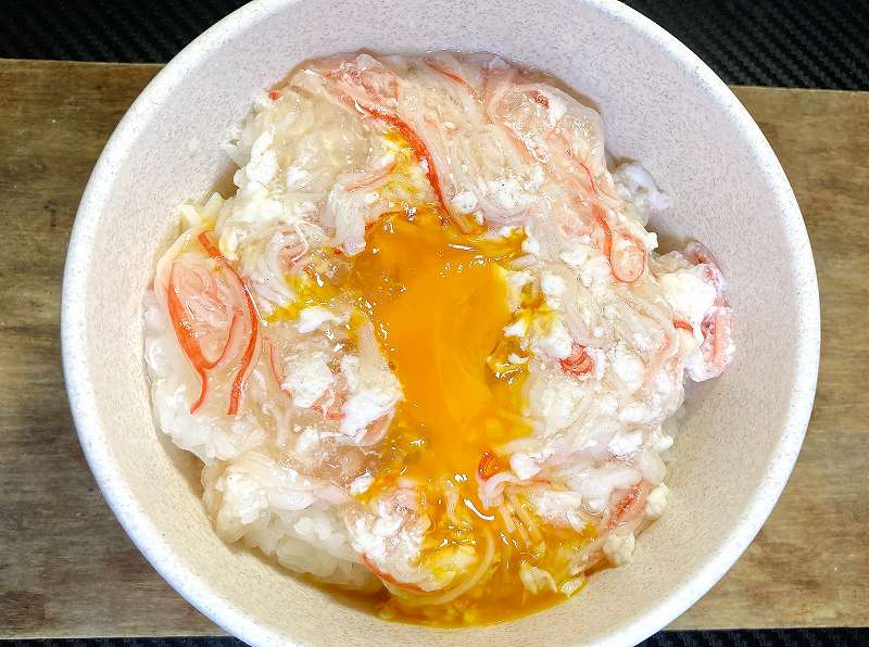 実食2、カニカマ白だし餡掛けご飯